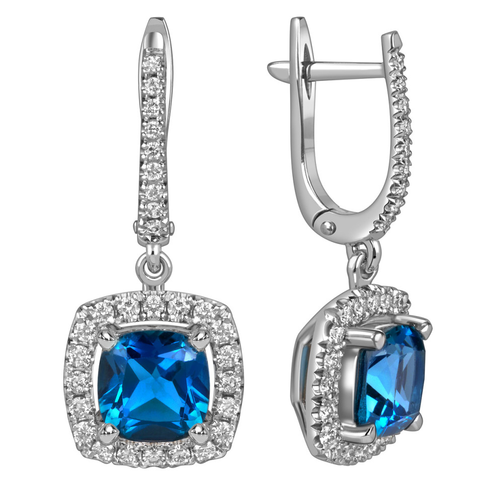 Серьги из белого золота с бриллиантами и лондон топазами (060366)