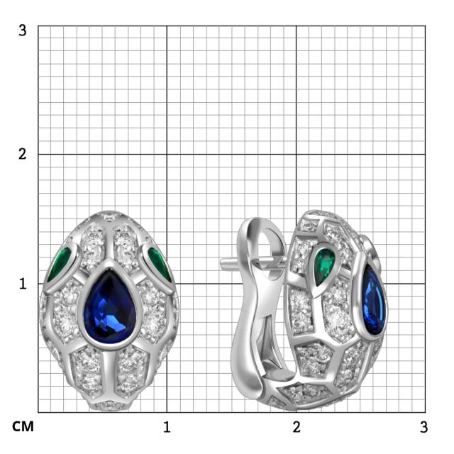 Серьги из белого золота с бриллиантами, сапфирами и изумрудами (053793)