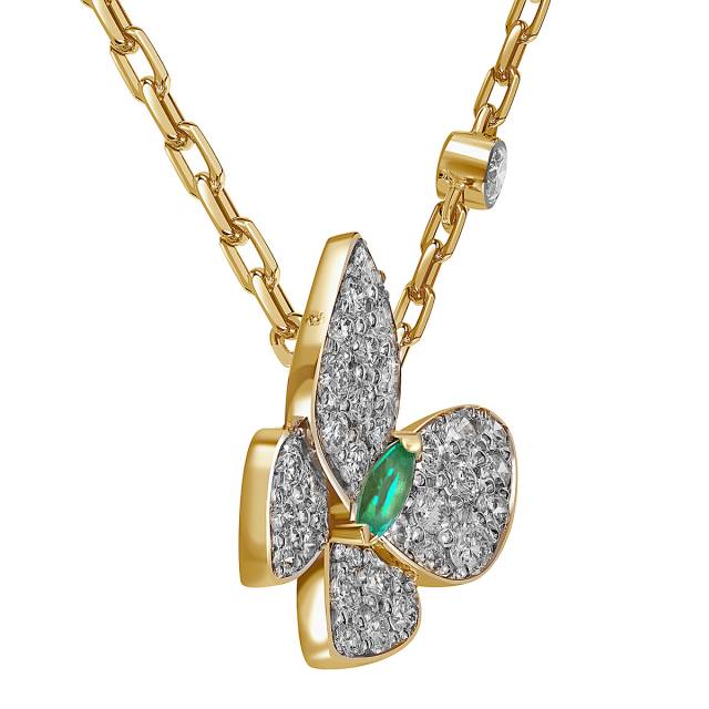 Колье из жёлтого золота с бриллиантами и изумрудом "Бабочка" (059962)