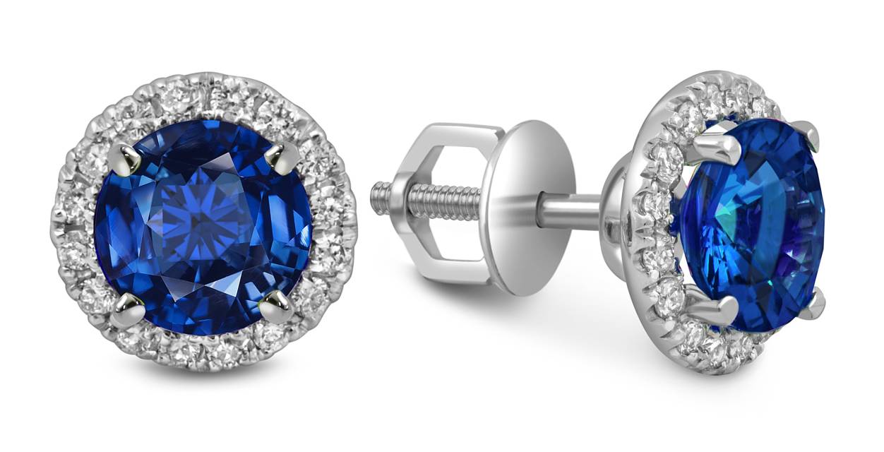 Серьги пусеты из белого золота с бриллиантами и сапфирами (061073)