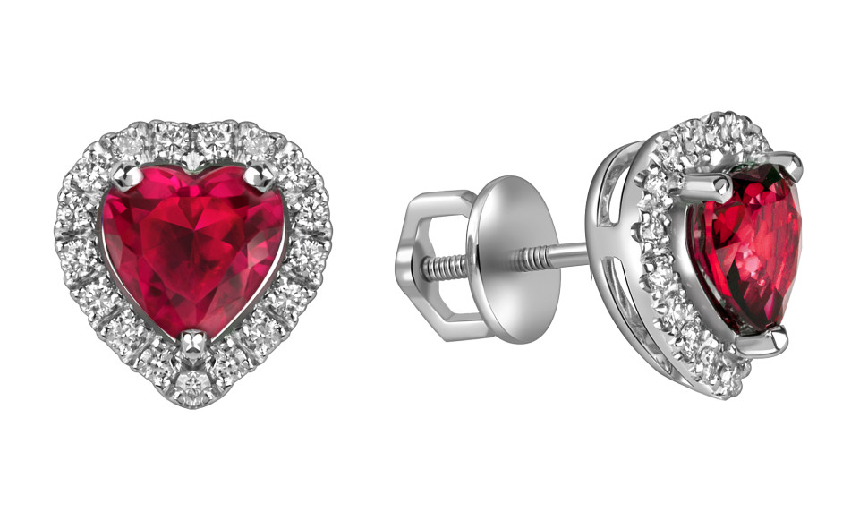 Серьги пусеты из белого золота с бриллиантами и рубинами Сердце (063698)