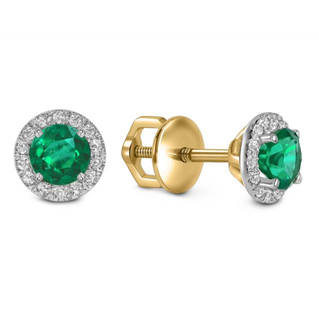 Серьги пусеты из жёлтого золота с бриллиантами и изумрудами (060974)