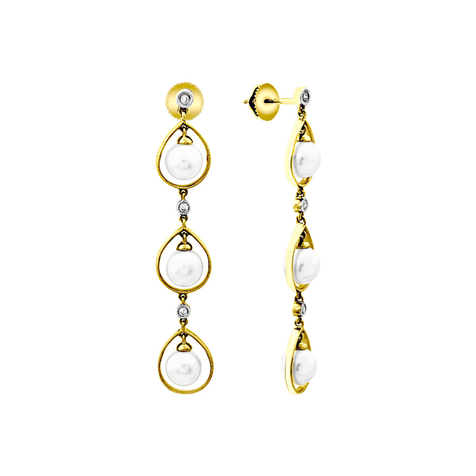 Серьги пусеты из жёлтого золота с бриллиантами и жемчугом (025983)