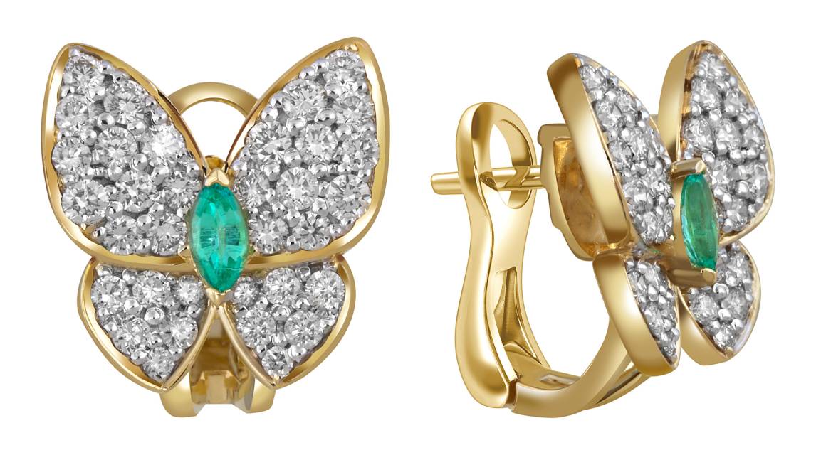 Серьги из желтого золота с бриллиантами и изумрудами "Бабочки" (059955)