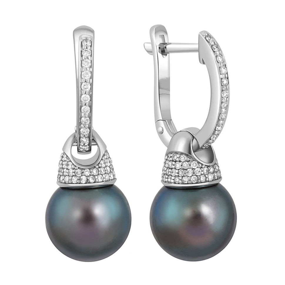 Серьги из белого золота с бриллиантами и чёрным жемчугом (047205)