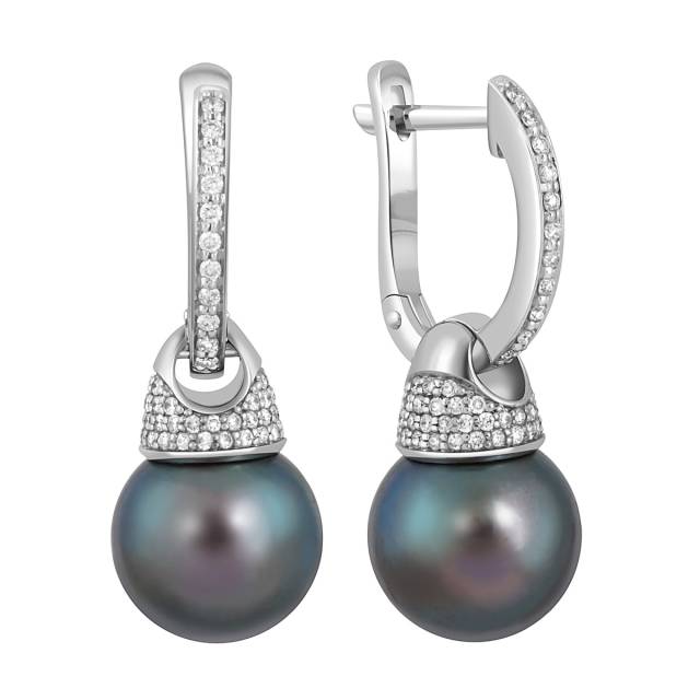 Серьги из белого золота с бриллиантами и чёрным жемчугом (047205)