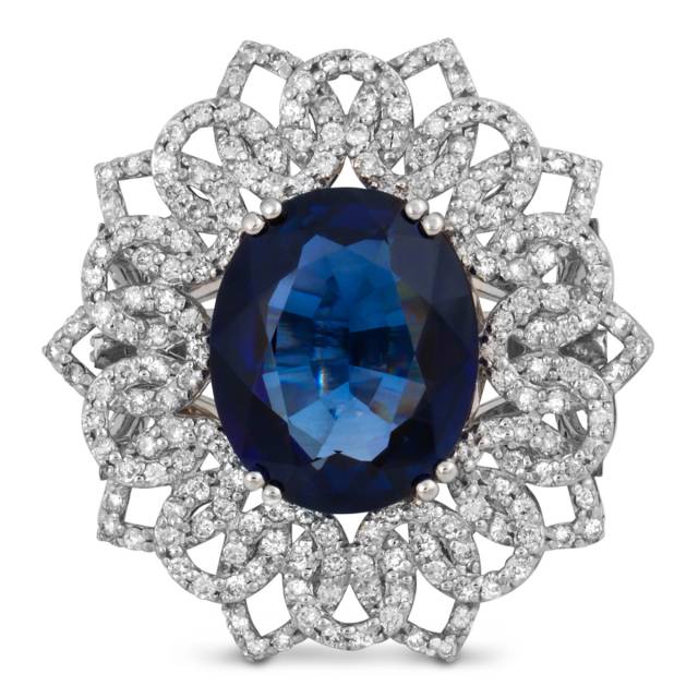 Кольцо из белого золота с бриллиантами и сапфиром (055750)