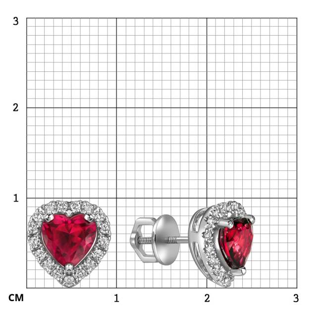 Серьги пусеты из белого золота с бриллиантами и рубинами Сердце (063699)
