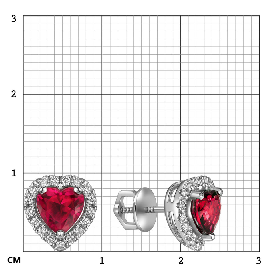 Серьги пусеты из белого золота с бриллиантами и рубинами Сердце (063699)
