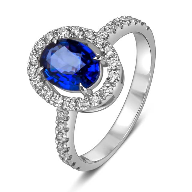 Кольцо из белого золота с бриллиантами и  сапфиром (055603)