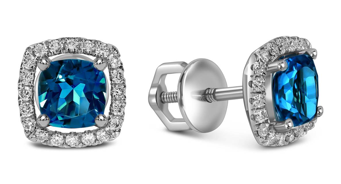 Серьги пусеты из белого золота с бриллиантами и лондон топазами (059093)