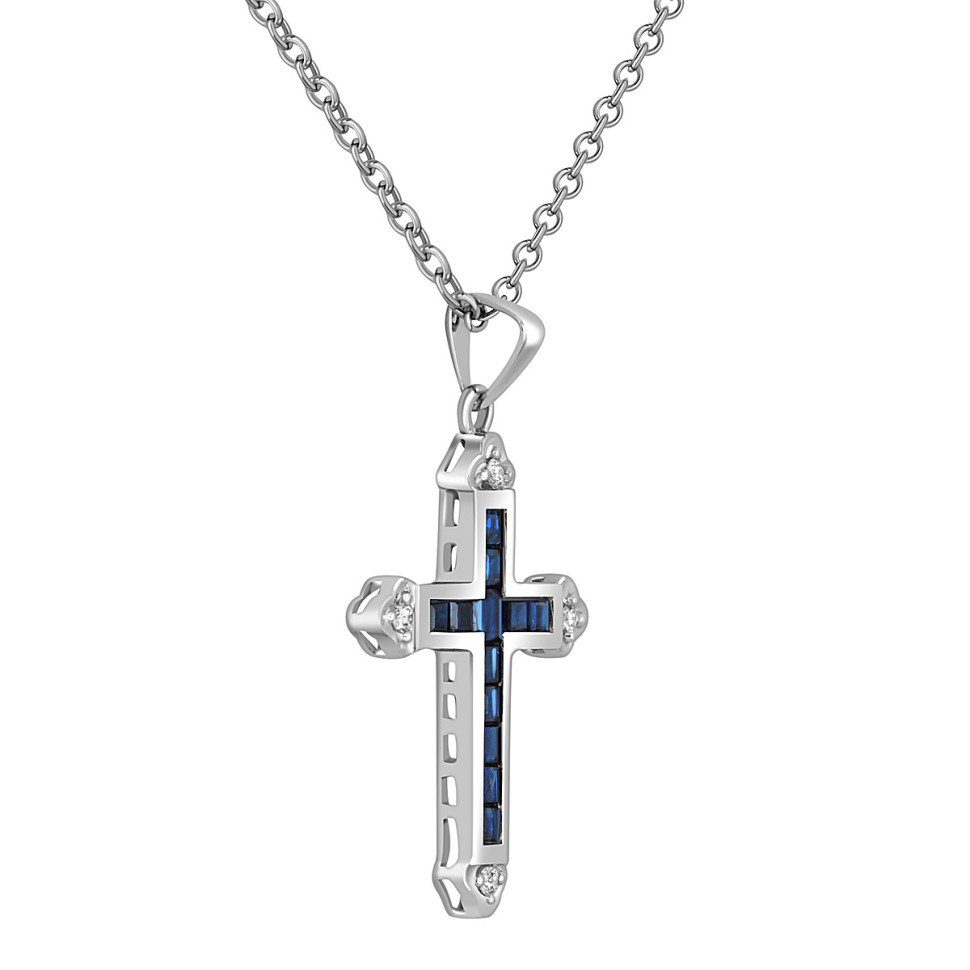 Кулон крест из белого золота с бриллиантами и сапфирами (048466)