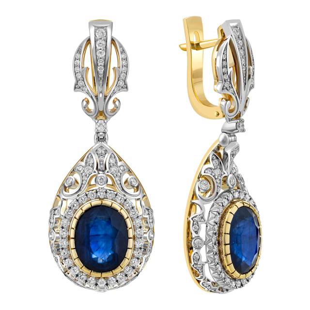 Серьги из комбинированного золота с бриллиантами и сапфирами (042379)