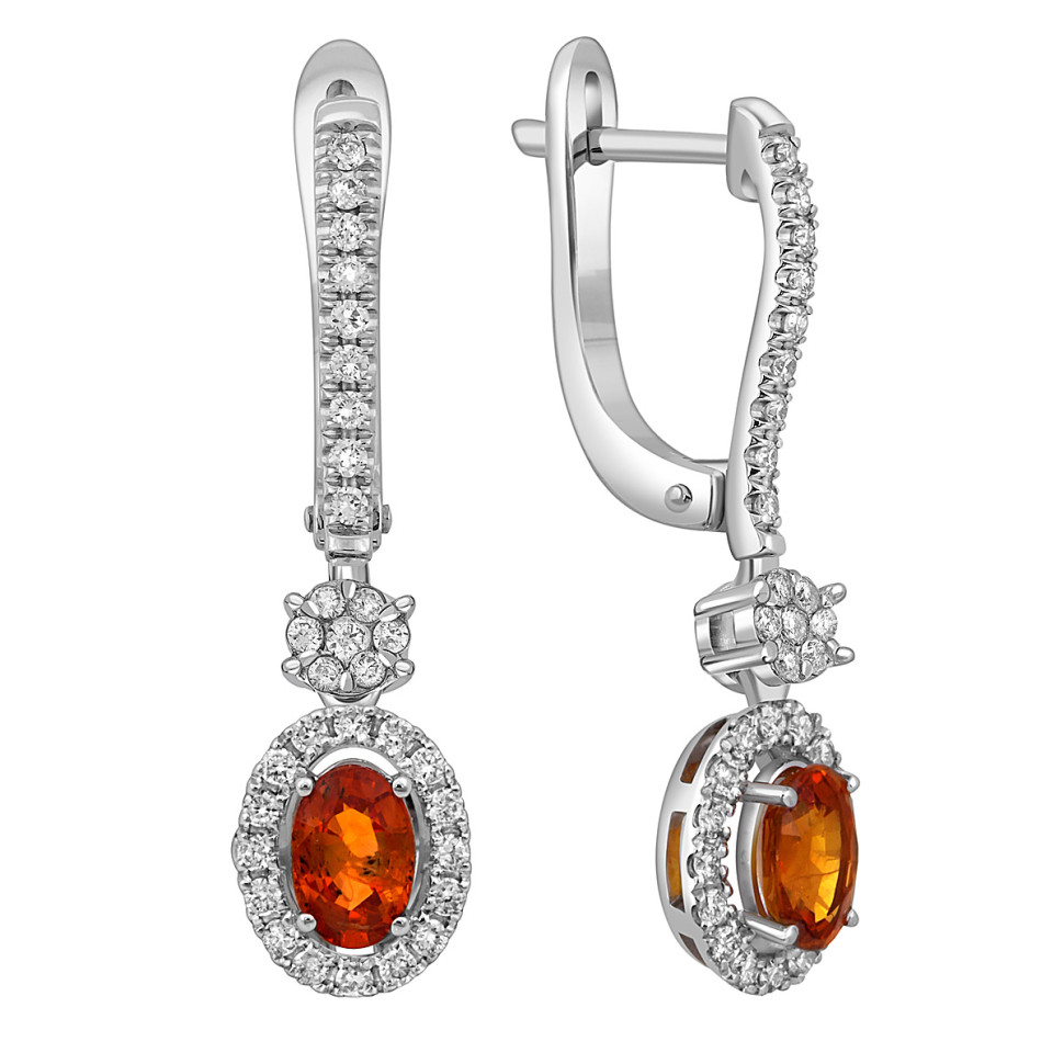 Серьги из белого золота с бриллиантами и оранжевыми сапфирами (052580)