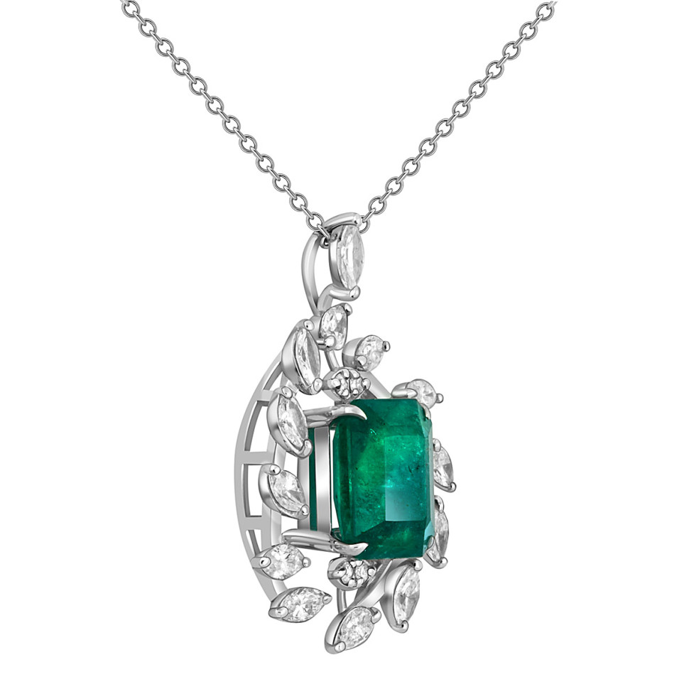 Колье из белого золота с брилллиантами и изумрудом (047588)