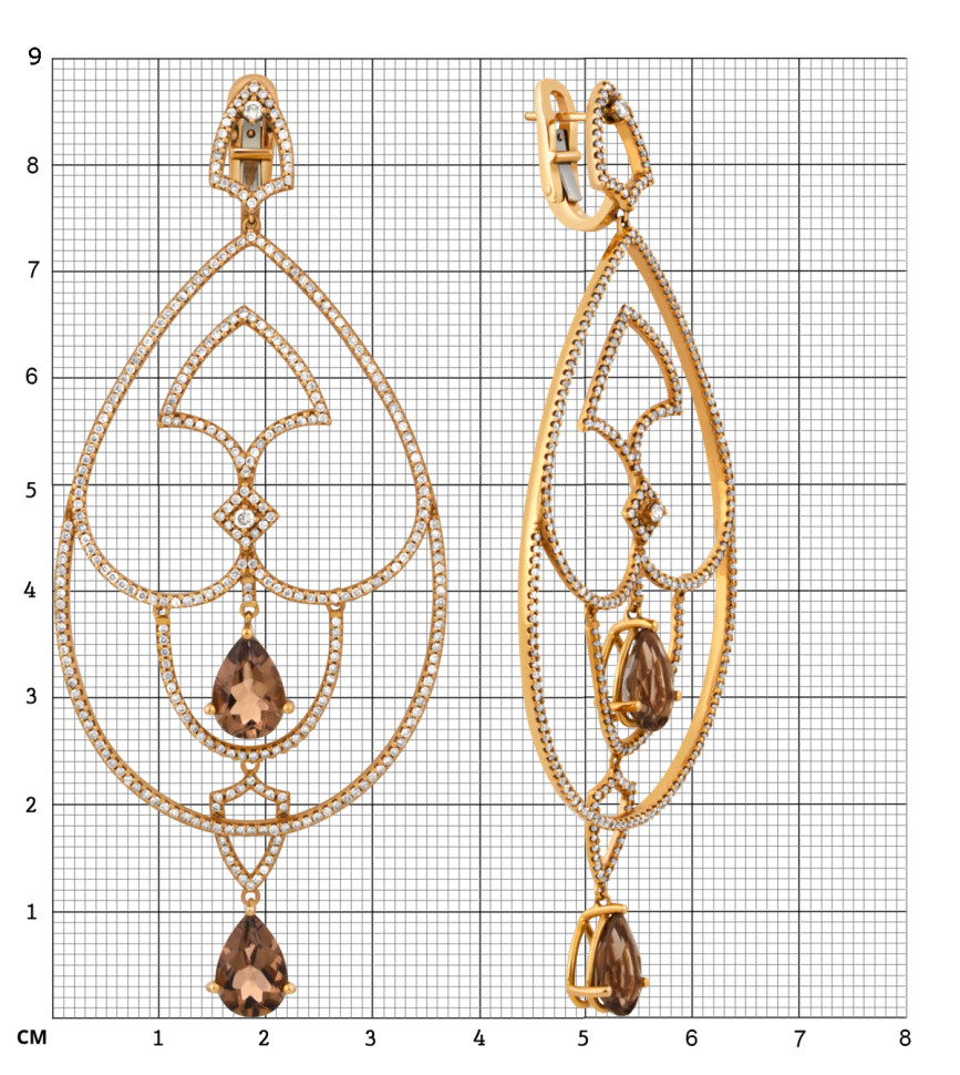 Серьги из красного золота с бриллиантами и раухтопазами (048108)