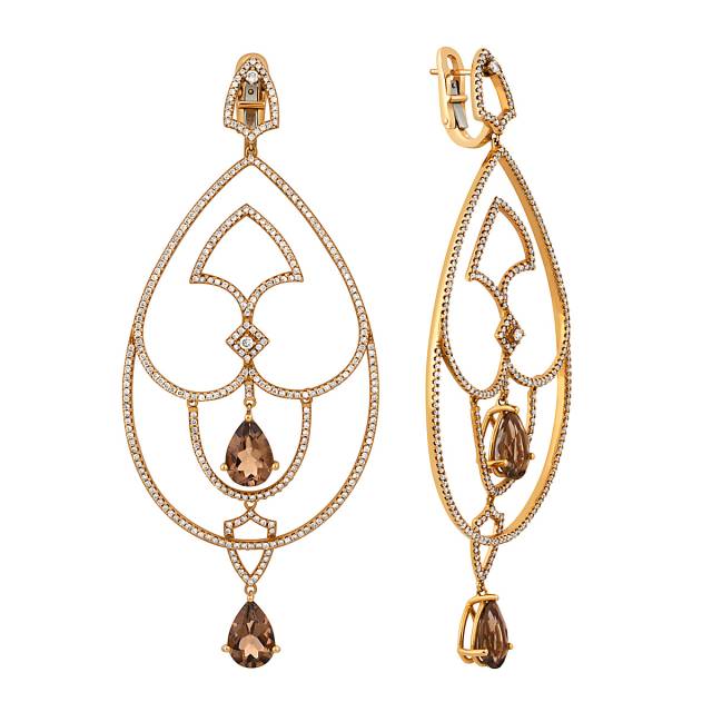 Серьги из красного золота с бриллиантами и раухтопазами (048108)