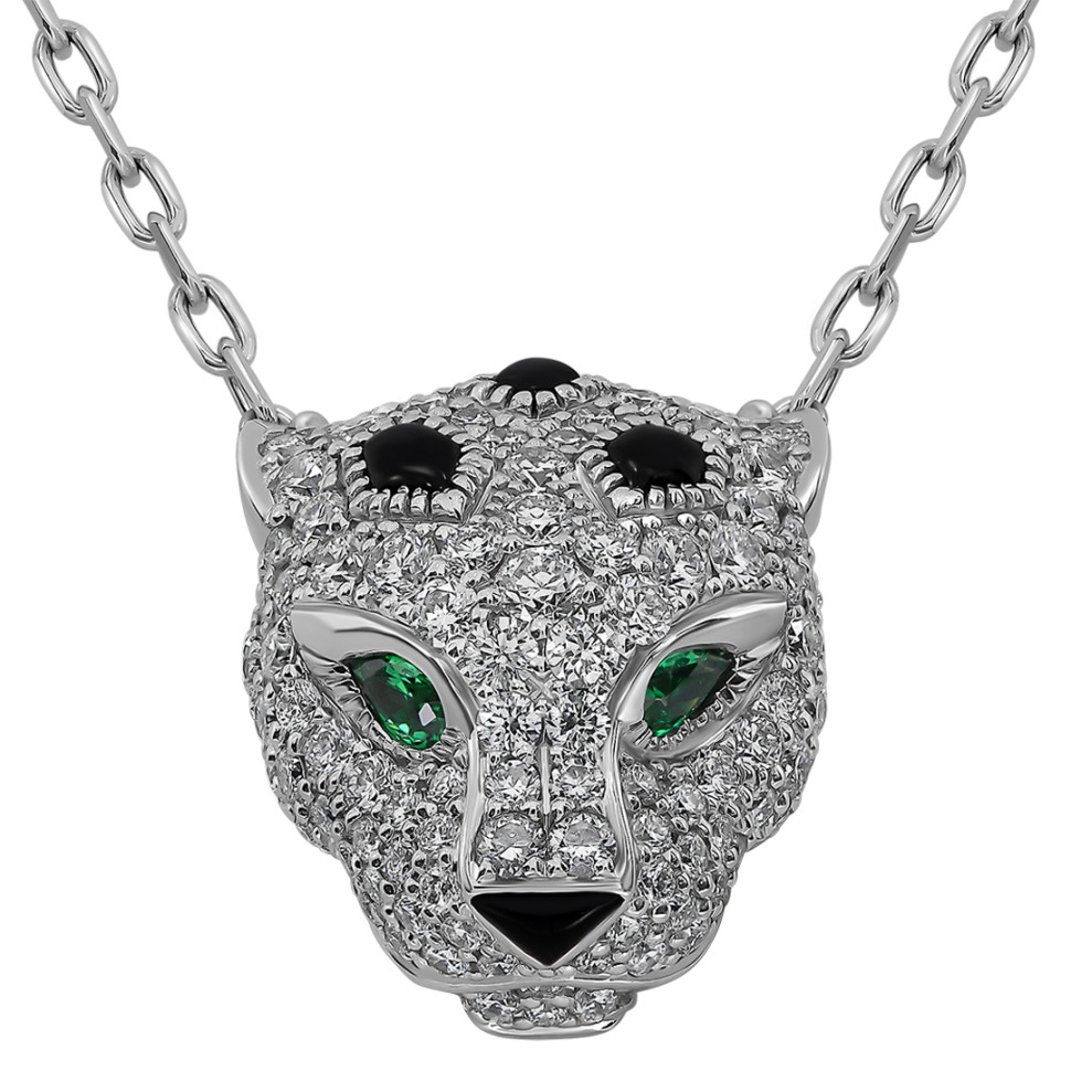 Колье из белого золота с бриллиантами, ониксами и цирконами (060530)