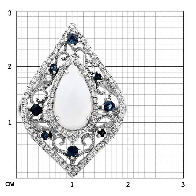 Кольцо из белого золота с бриллиантами, сапфирами и халцедоном (003953)