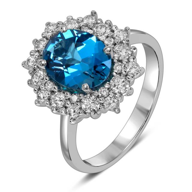 Кольцо из белого золота с бриллиантами и лондон топазом (060357)