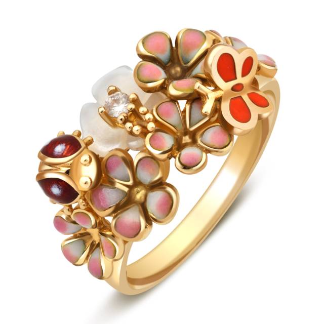 Кольцо из жёлтого золота с цирконом, перламутром и эмалью (017977)