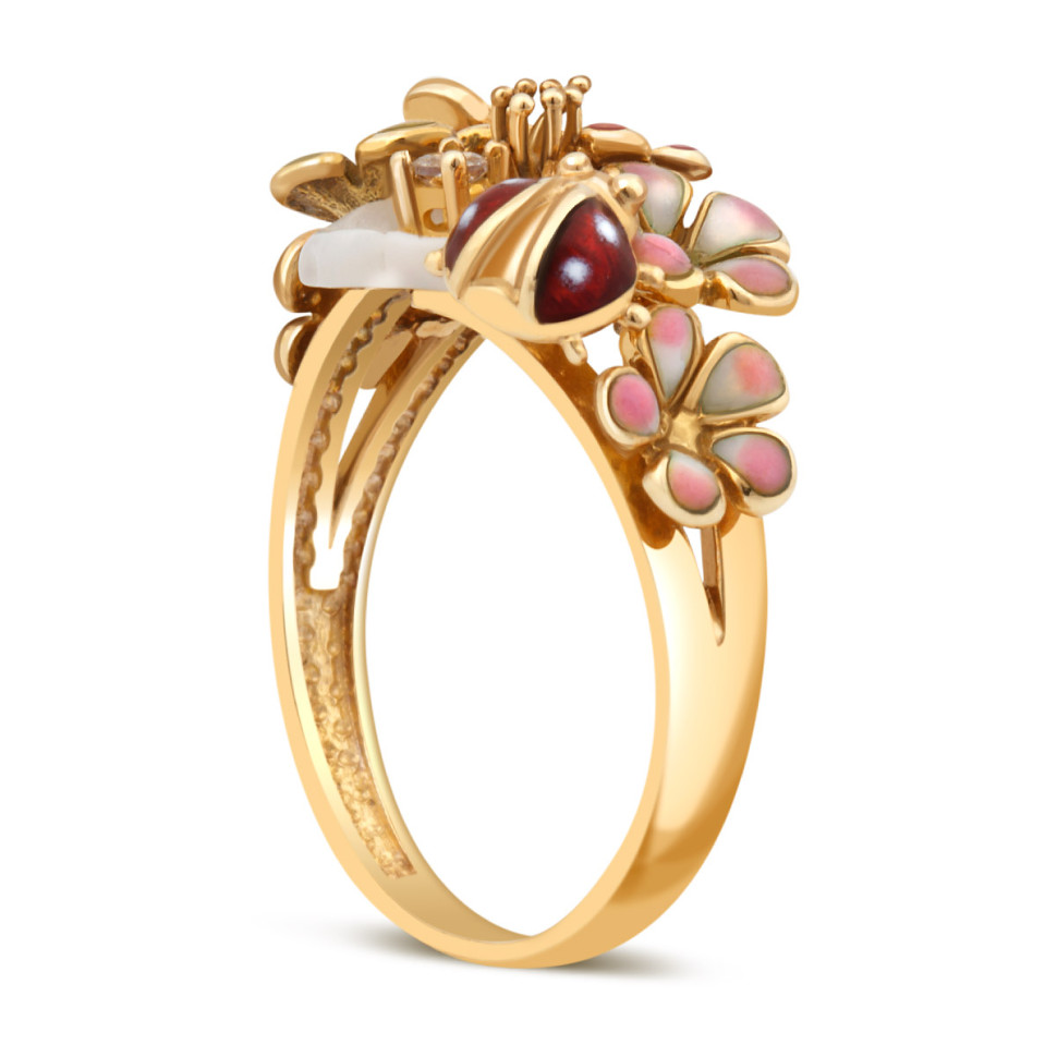 Кольцо из жёлтого золота с цирконом, перламутром и эмалью (017977)