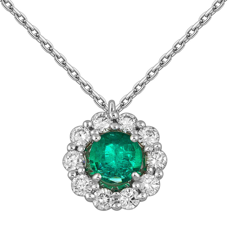 Колье из белого золота с бриллиантами и изумрудом (052437)