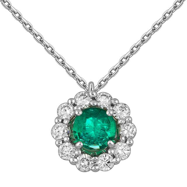 Колье из белого золота с бриллиантами и изумрудом (052437)