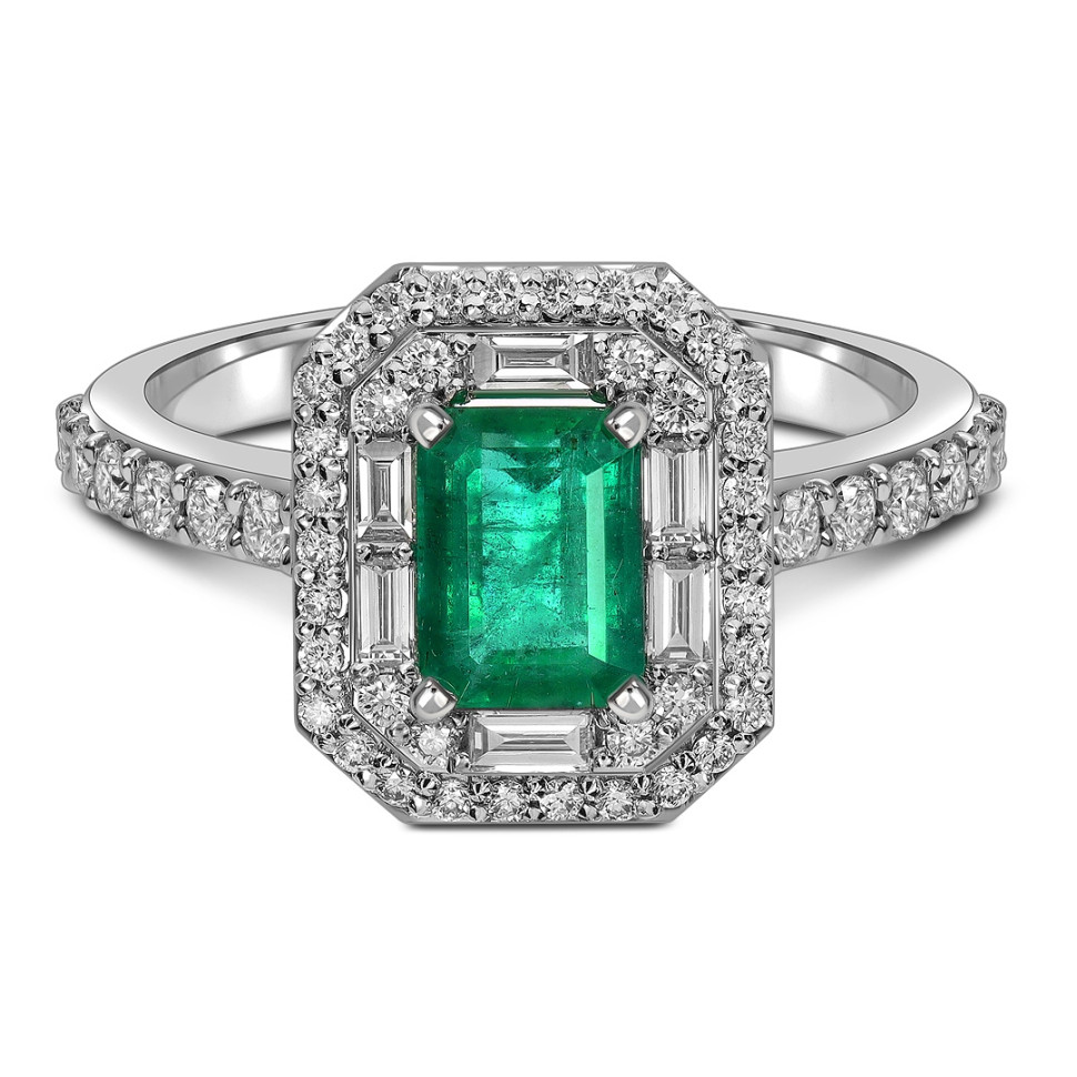 Кольцо из белого золота с изумрудом и бриллиантами (063702)