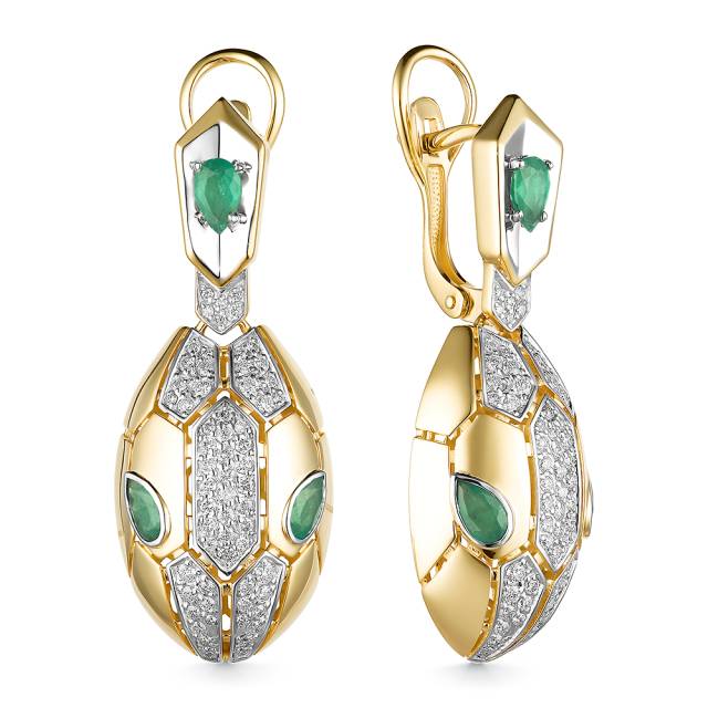 Серьги из жёлтого золота с бриллиантами и изумрудами (057744)