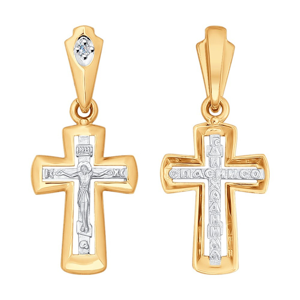 Кулон крест из комбинированного золота с бриллиантом (050596)