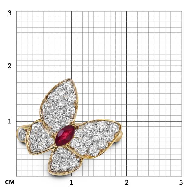 Кольцо из жёлтого золота с бриллиантами и рубином "Бабочки" (055151)