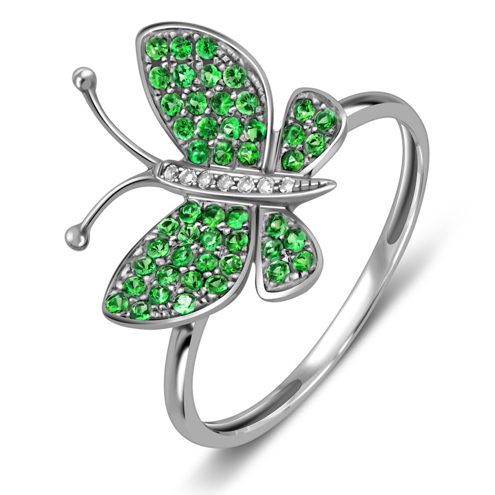 Кольцо из белого золота с бриллиантами и цаворитами 