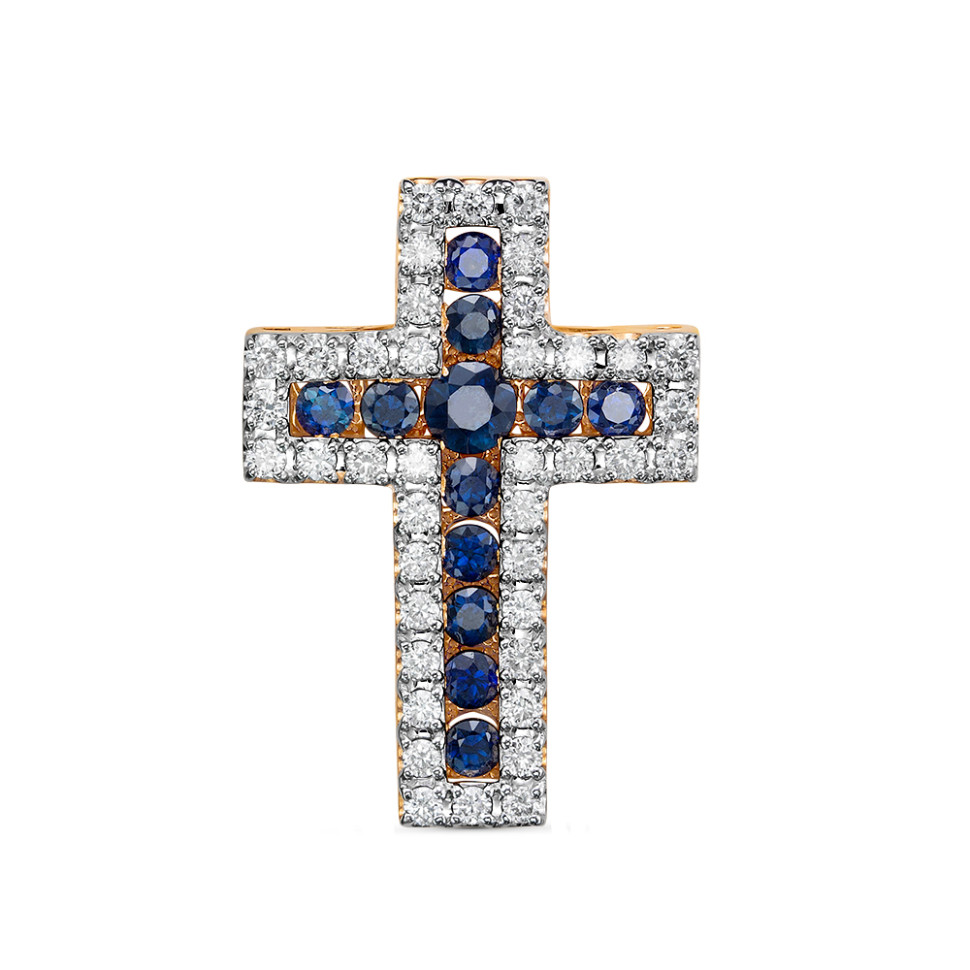 Кулон крест из красного золота с бриллиантами и сапфирами (050065)
