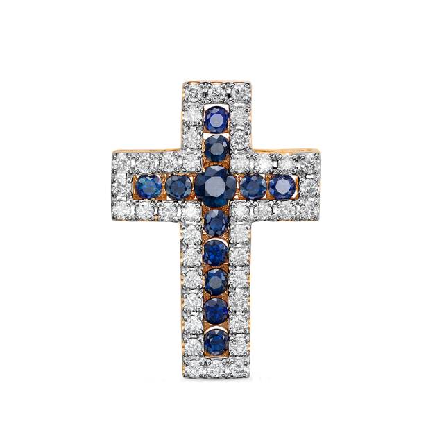 Кулон крест из красного золота с бриллиантами и сапфирами (050065)