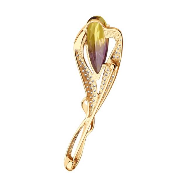 Брошь из красного золота с ситаллом и фианитами (040778)