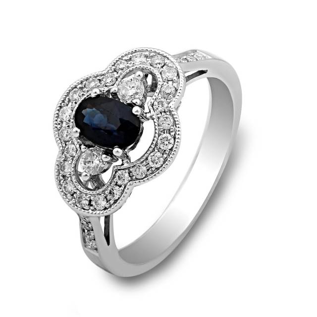 Кольцо из белого золота с бриллиантами и  сапфиром (022152)