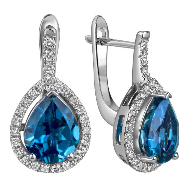 Серьги из белого золота с бриллиантами и лондон топазами (060362)
