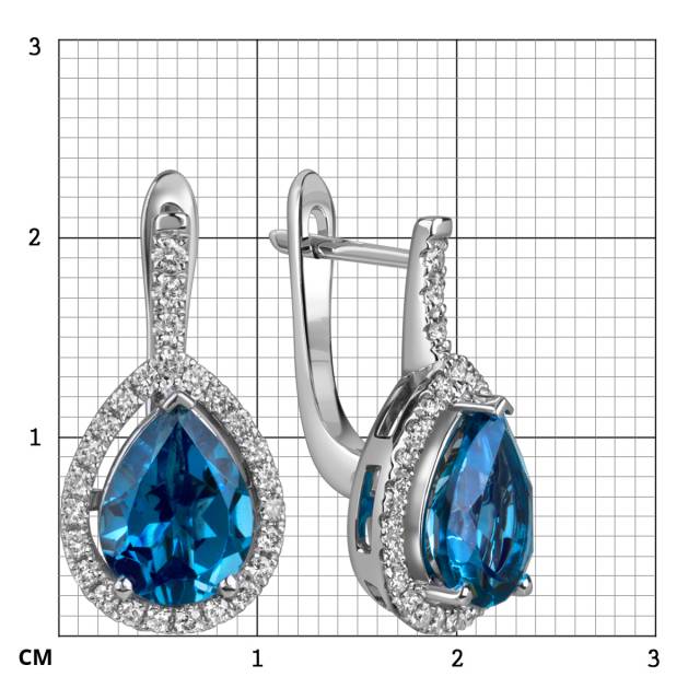 Серьги из белого золота с бриллиантами и лондон топазами (060362)