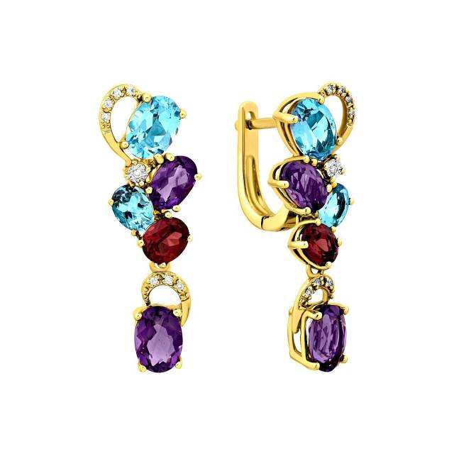 Серьги из жёлтого золота с бриллиантами, аметистами, топазами и гранатами (009418)