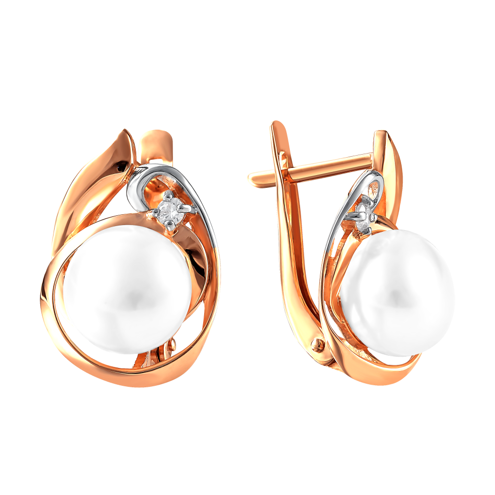 Серьги из красного золота с жемчугом и фианитами (041476)