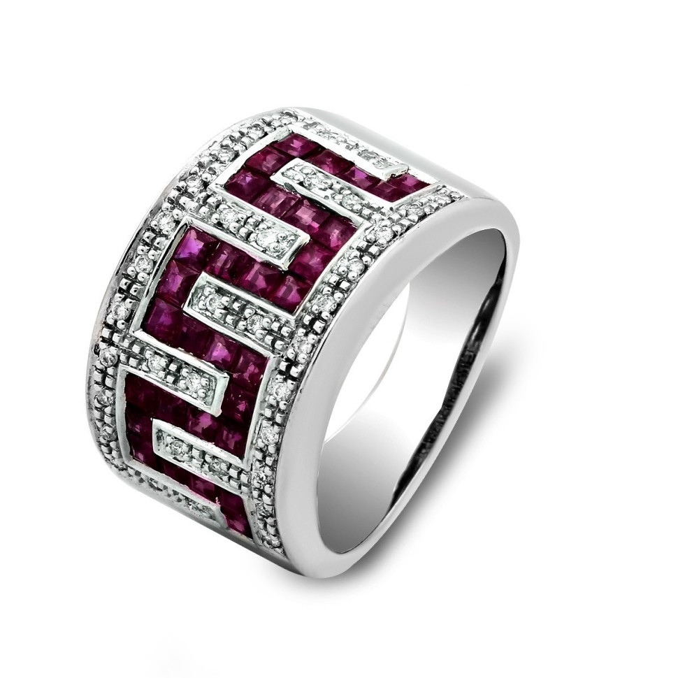 Кольцо из белого золота с бриллиантами и рубинами (020974)