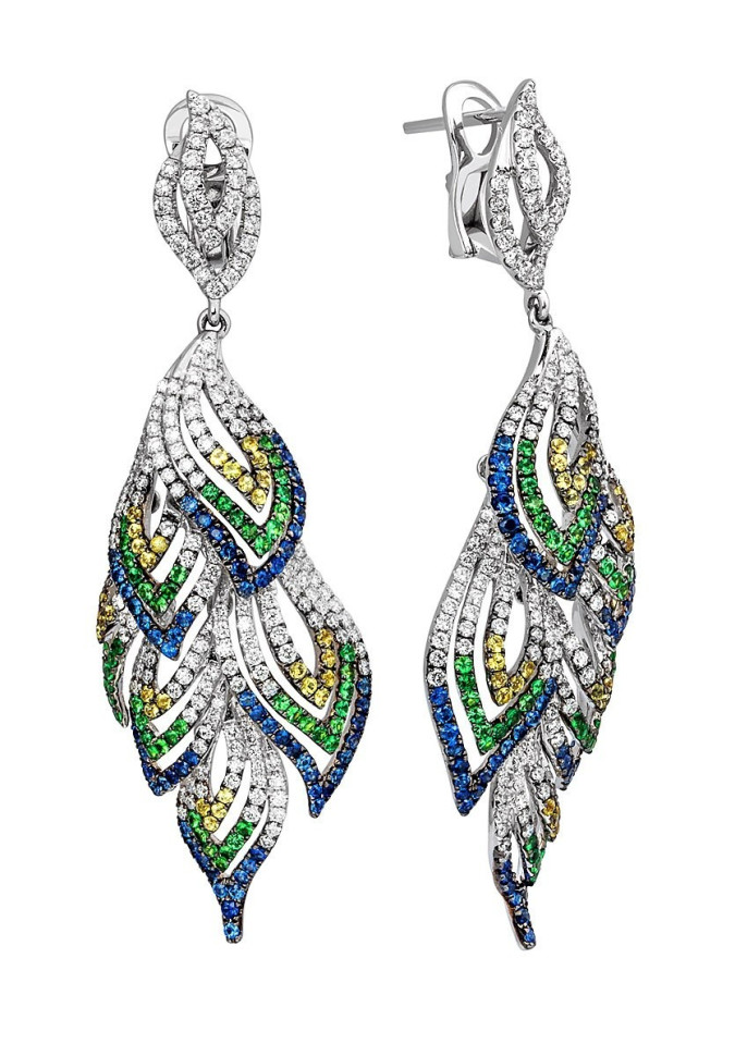 Серьги из белого золота с бриллиантами, сапфирами и цаворитами (003224)