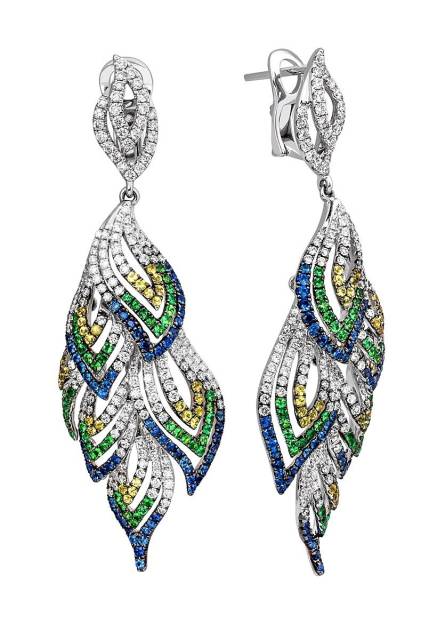 Серьги из белого золота с бриллиантами, сапфирами и цаворитами (003224)