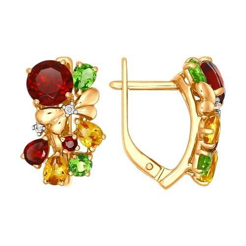 Серьги из красного золота с полудрагоценными камнями и фианитами (027831)