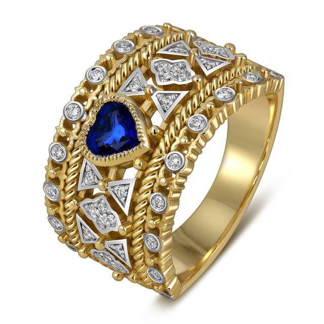 Кольцо из жёлтого золота с бриллиантами и танзанитом "Сердце" (063714)