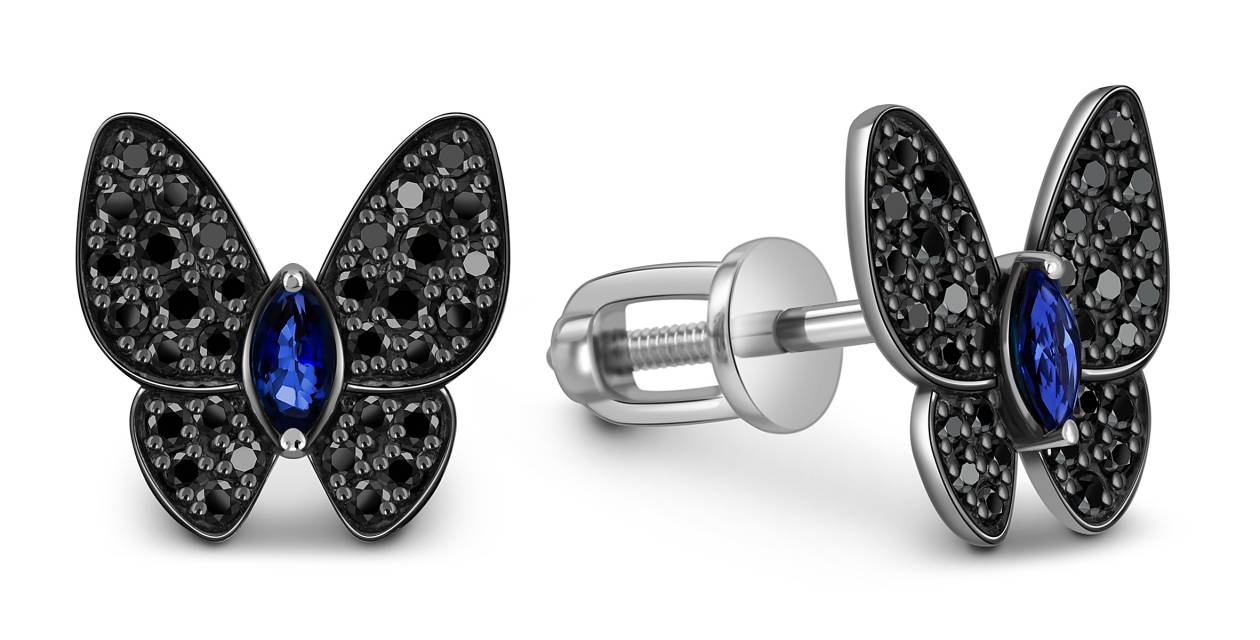 Серьги пусеты из белого золота с чёрными бриллиантами и сапфирами (059562)
