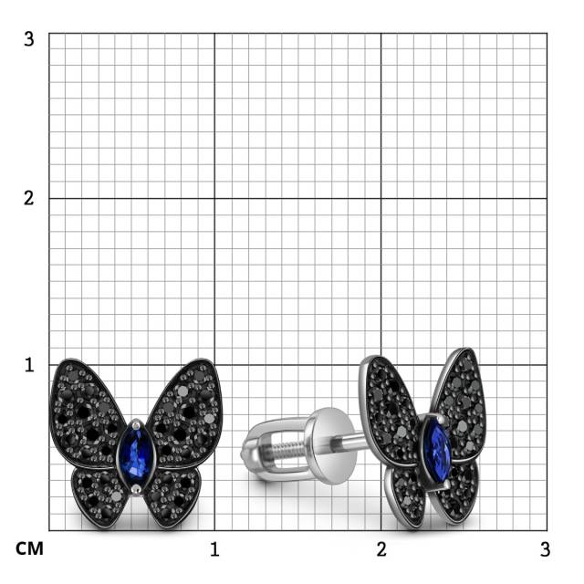 Серьги пусеты из белого золота с чёрными бриллиантами и сапфирами (059562)
