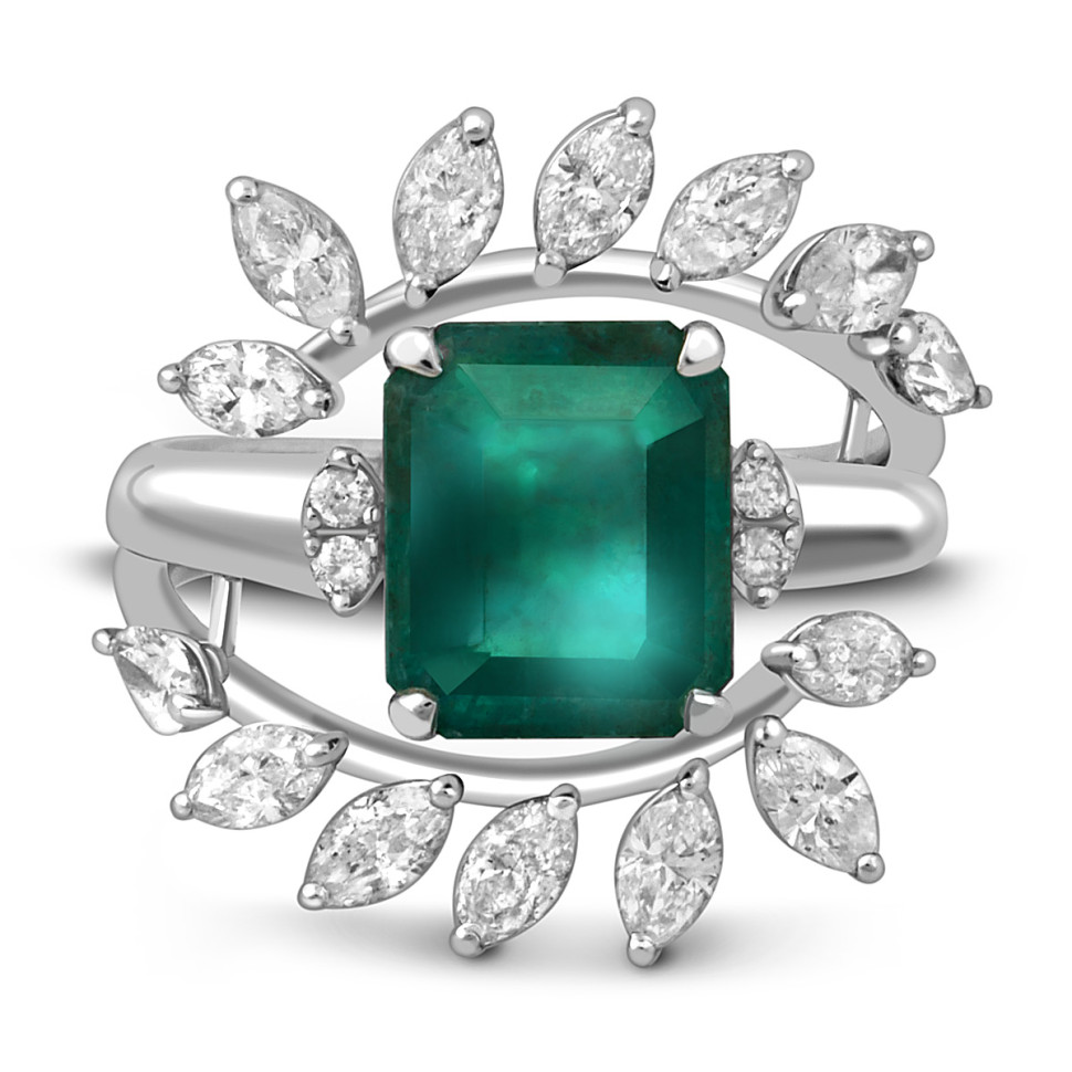 Кольцо из белого золота с бриллиантами и изумрудом (047579)