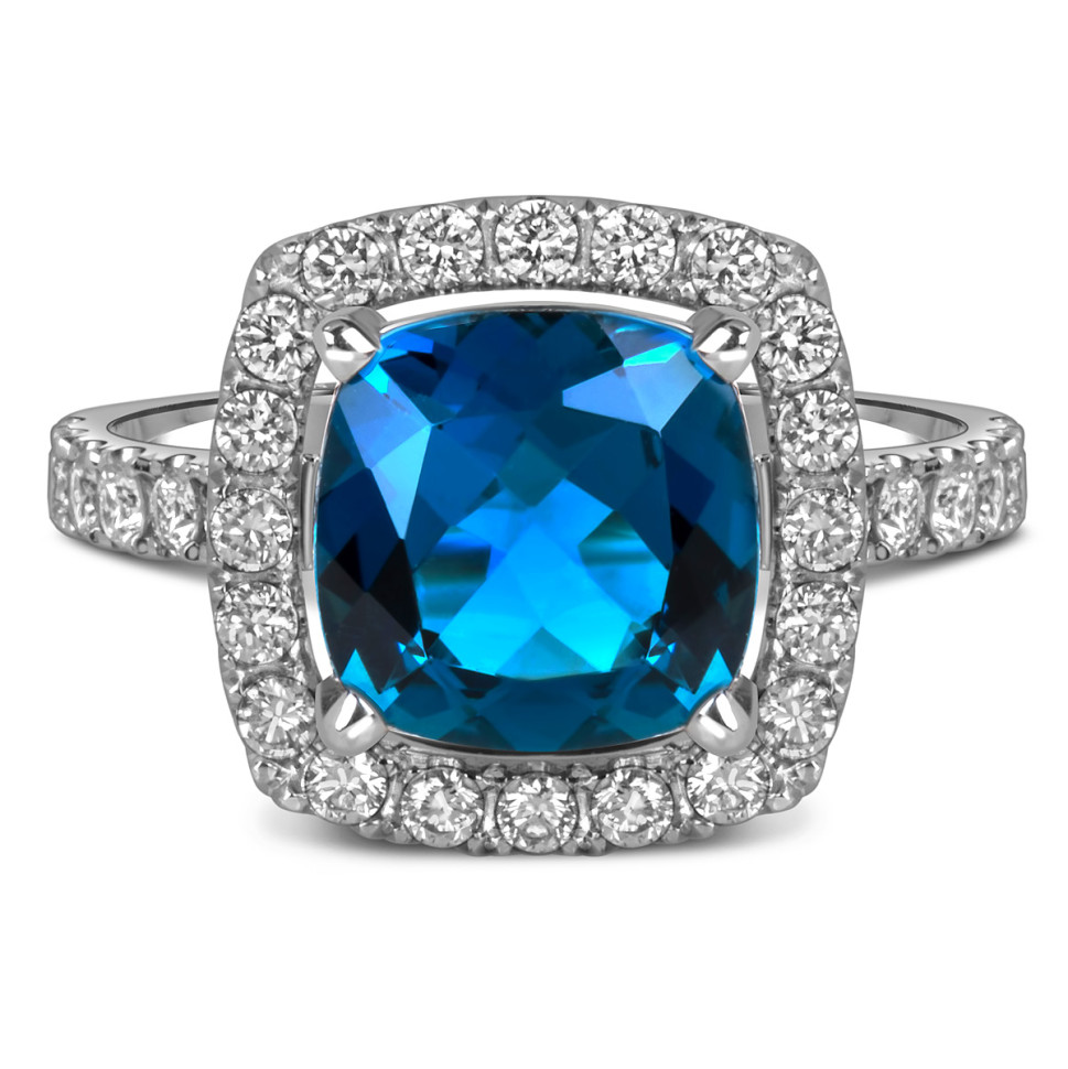 Кольцо из белого золота с бриллиантами и лондон топазом (060358)